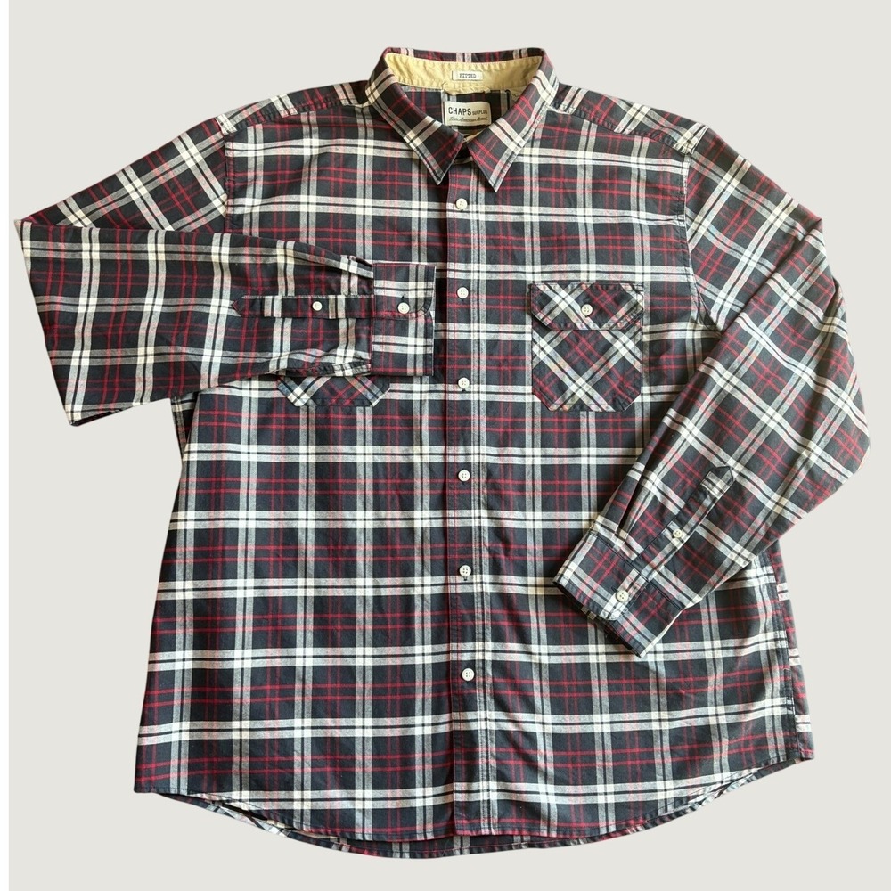 Chaps Mens Button Front Shirt XXL Navy Red Plaid Fitted Cabincore Rugged Classic